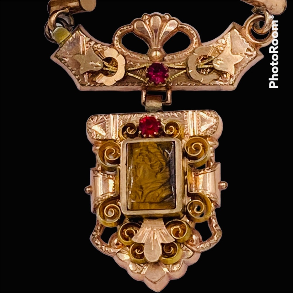 Antique Victorian Rose & Yellow Gold Filled Tiger Eye Cameo Mesh Necklace - Picture 3 of 14